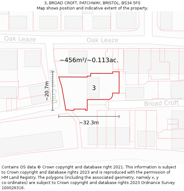 3, BROAD CROFT, PATCHWAY, BRISTOL, BS34 5FS: Plot and title map