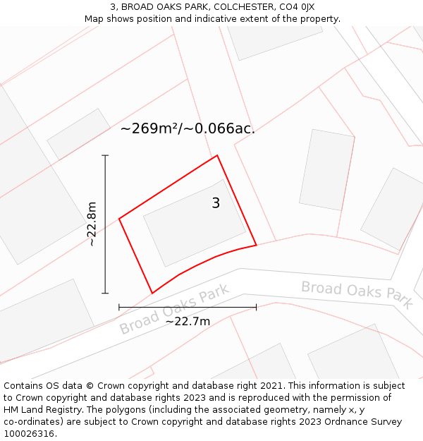 3, BROAD OAKS PARK, COLCHESTER, CO4 0JX: Plot and title map