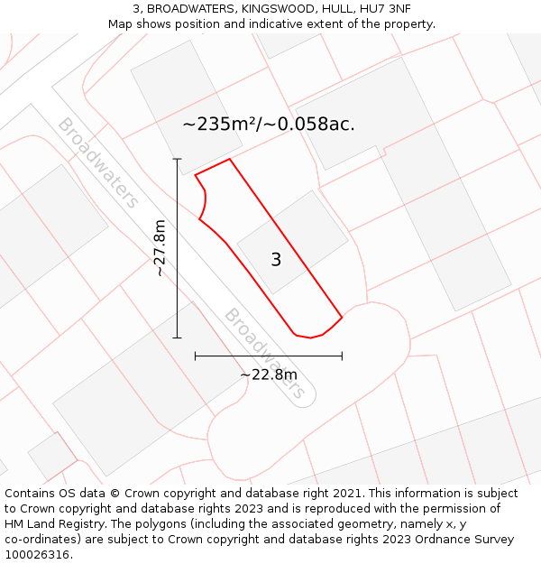 3, BROADWATERS, KINGSWOOD, HULL, HU7 3NF: Plot and title map