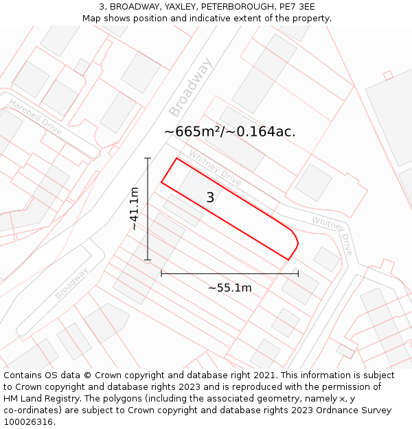 3, BROADWAY, YAXLEY, PETERBOROUGH, PE7 3EE: Plot and title map