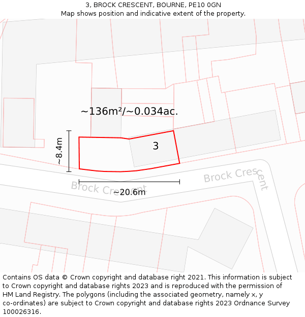 3, BROCK CRESCENT, BOURNE, PE10 0GN: Plot and title map