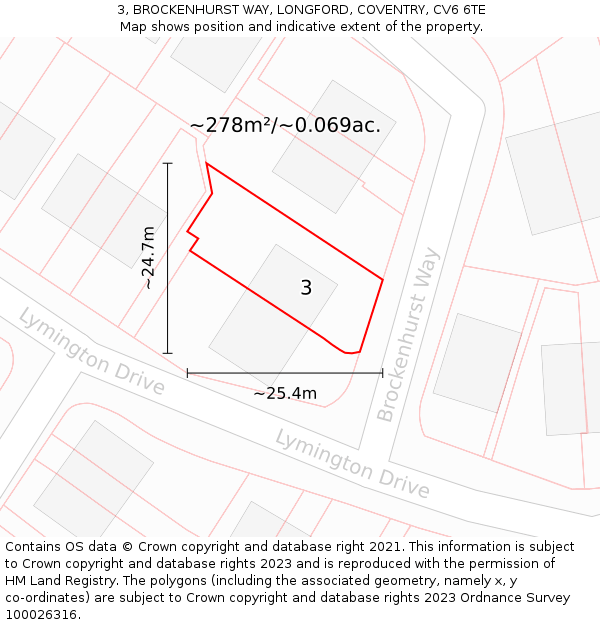 3, BROCKENHURST WAY, LONGFORD, COVENTRY, CV6 6TE: Plot and title map