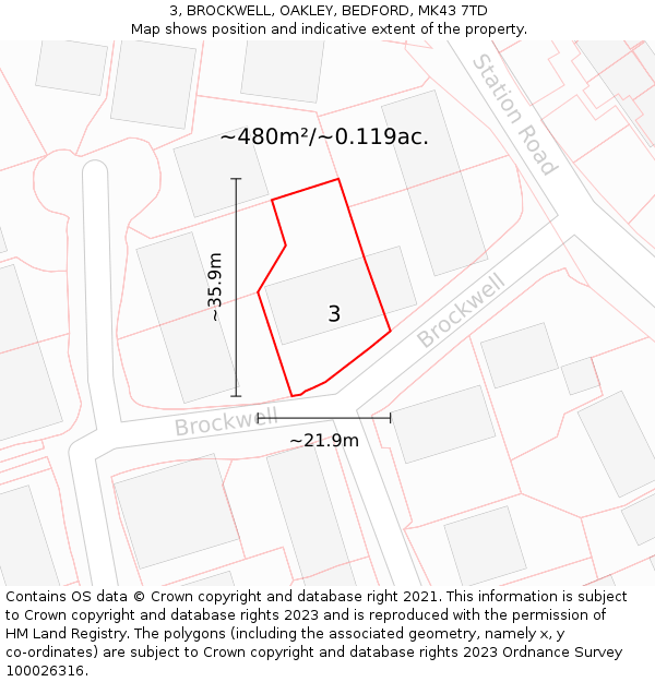 3, BROCKWELL, OAKLEY, BEDFORD, MK43 7TD: Plot and title map