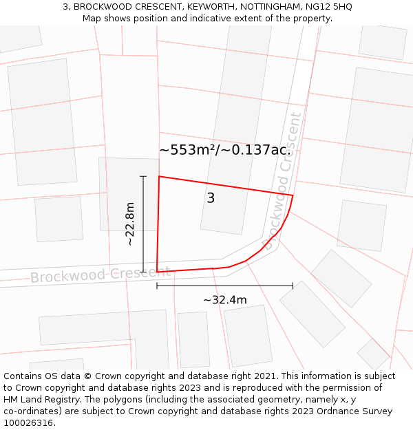 3, BROCKWOOD CRESCENT, KEYWORTH, NOTTINGHAM, NG12 5HQ: Plot and title map