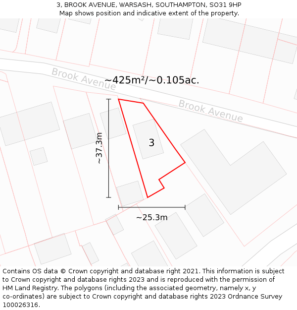 3, BROOK AVENUE, WARSASH, SOUTHAMPTON, SO31 9HP: Plot and title map