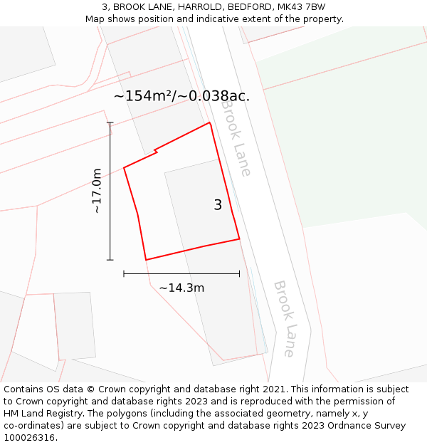 3, BROOK LANE, HARROLD, BEDFORD, MK43 7BW: Plot and title map