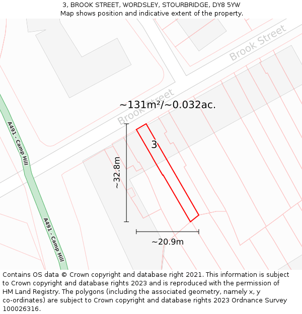 3, BROOK STREET, WORDSLEY, STOURBRIDGE, DY8 5YW: Plot and title map