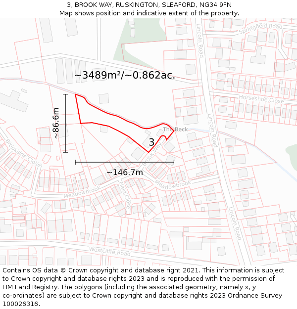 3, BROOK WAY, RUSKINGTON, SLEAFORD, NG34 9FN: Plot and title map