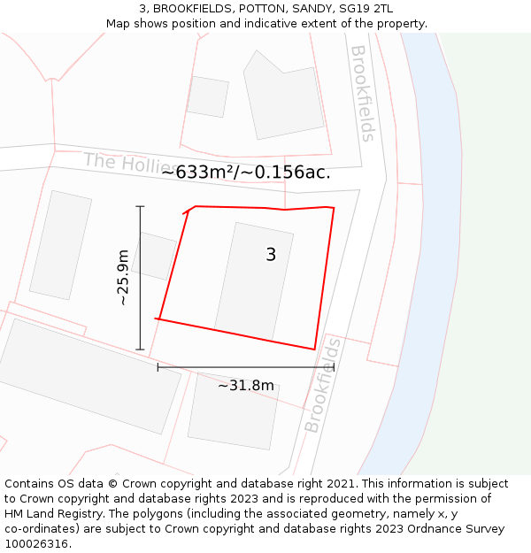 3, BROOKFIELDS, POTTON, SANDY, SG19 2TL: Plot and title map