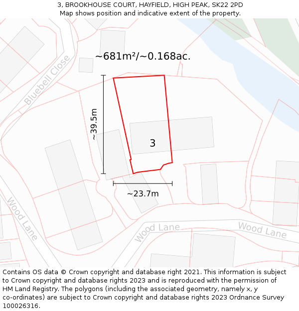 3, BROOKHOUSE COURT, HAYFIELD, HIGH PEAK, SK22 2PD: Plot and title map