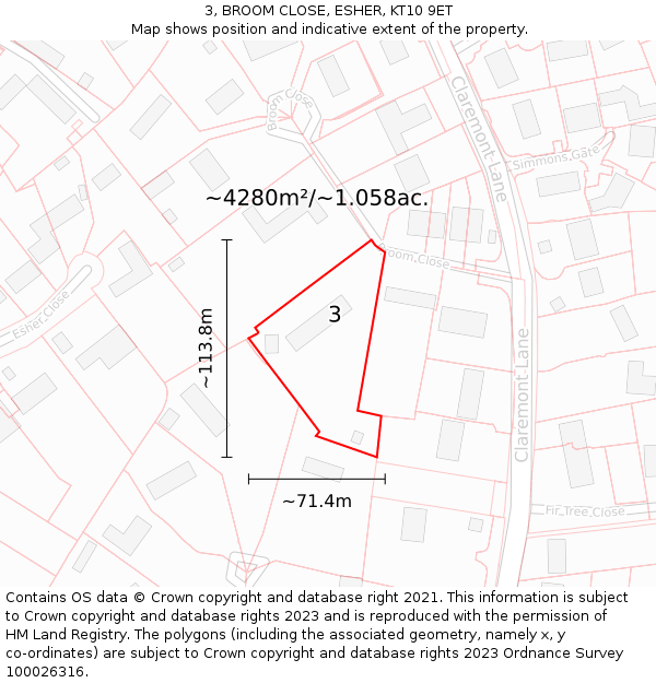 3, BROOM CLOSE, ESHER, KT10 9ET: Plot and title map