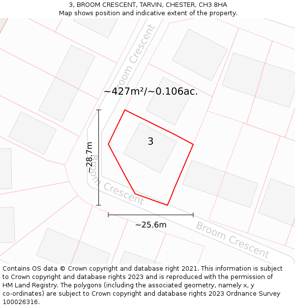 3, BROOM CRESCENT, TARVIN, CHESTER, CH3 8HA: Plot and title map