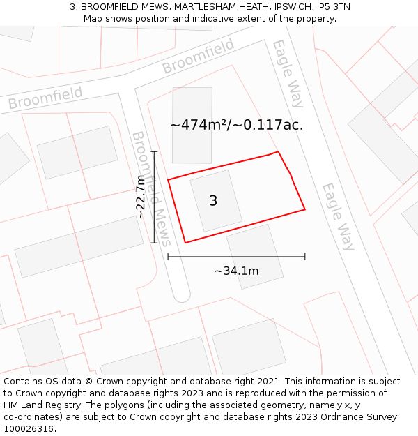 3, BROOMFIELD MEWS, MARTLESHAM HEATH, IPSWICH, IP5 3TN: Plot and title map