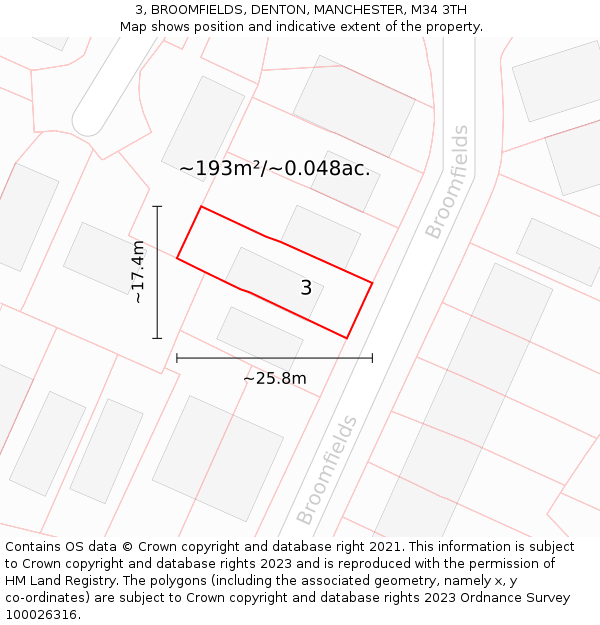 3, BROOMFIELDS, DENTON, MANCHESTER, M34 3TH: Plot and title map