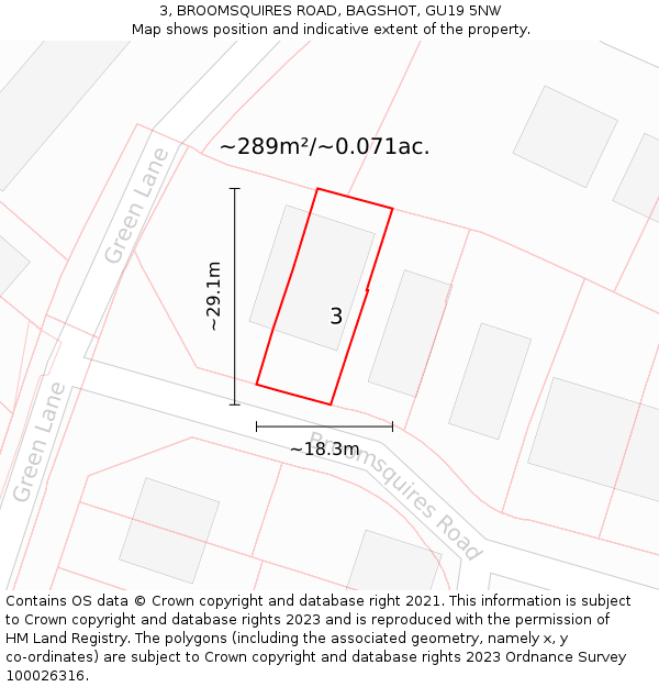 3, BROOMSQUIRES ROAD, BAGSHOT, GU19 5NW: Plot and title map