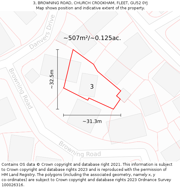 3, BROWNING ROAD, CHURCH CROOKHAM, FLEET, GU52 0YJ: Plot and title map