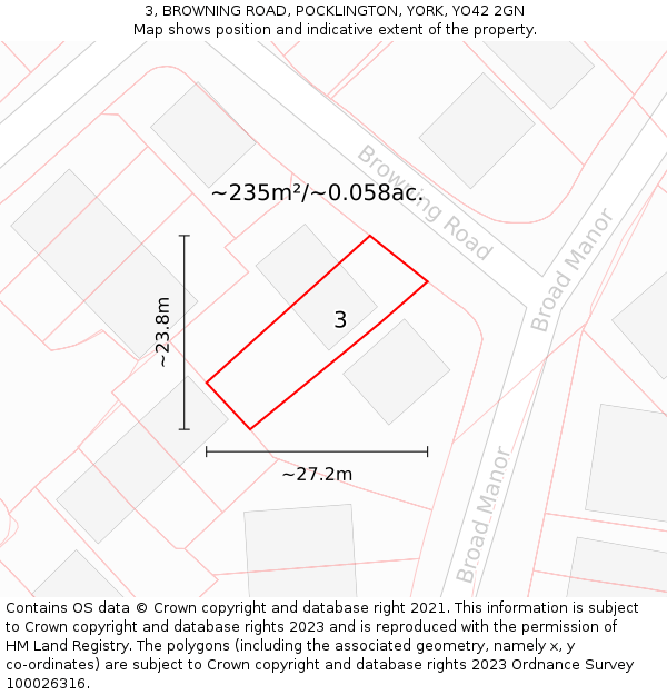 3, BROWNING ROAD, POCKLINGTON, YORK, YO42 2GN: Plot and title map