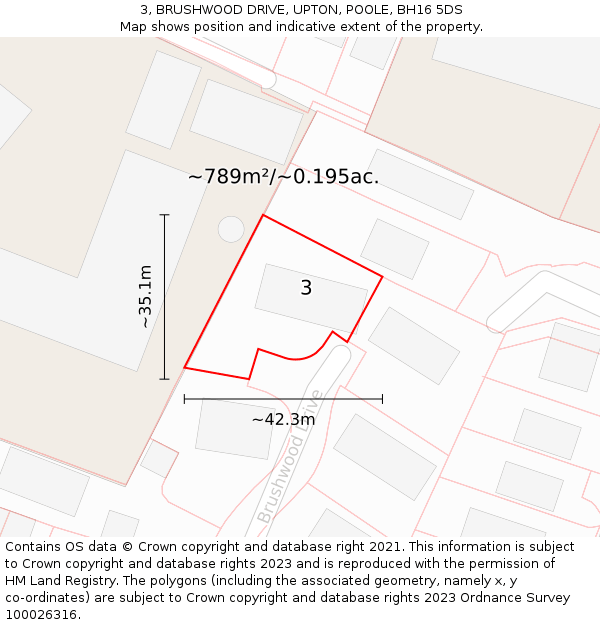 3, BRUSHWOOD DRIVE, UPTON, POOLE, BH16 5DS: Plot and title map