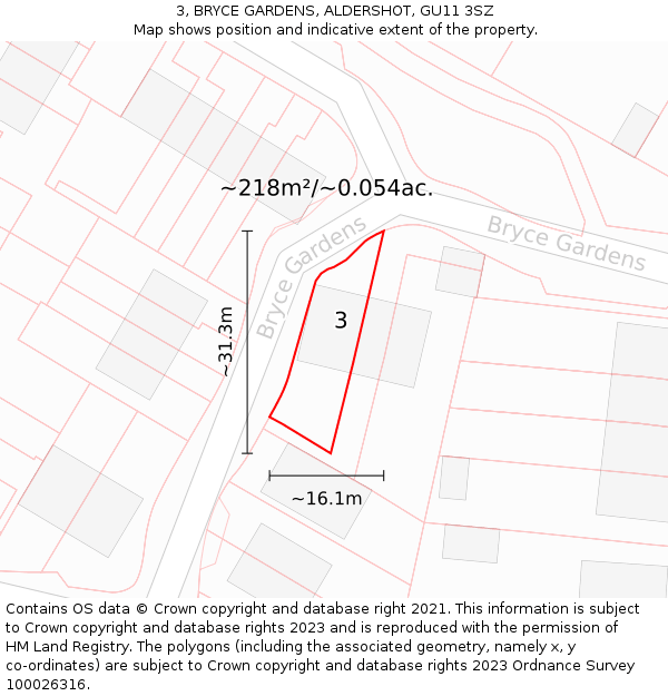 3, BRYCE GARDENS, ALDERSHOT, GU11 3SZ: Plot and title map