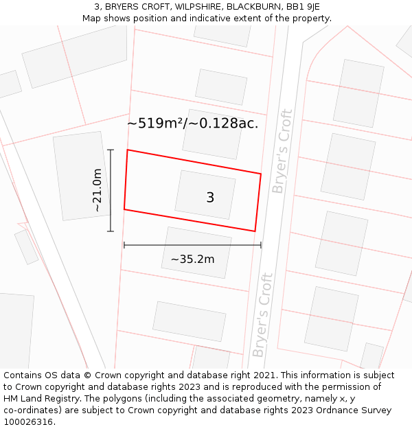 3, BRYERS CROFT, WILPSHIRE, BLACKBURN, BB1 9JE: Plot and title map