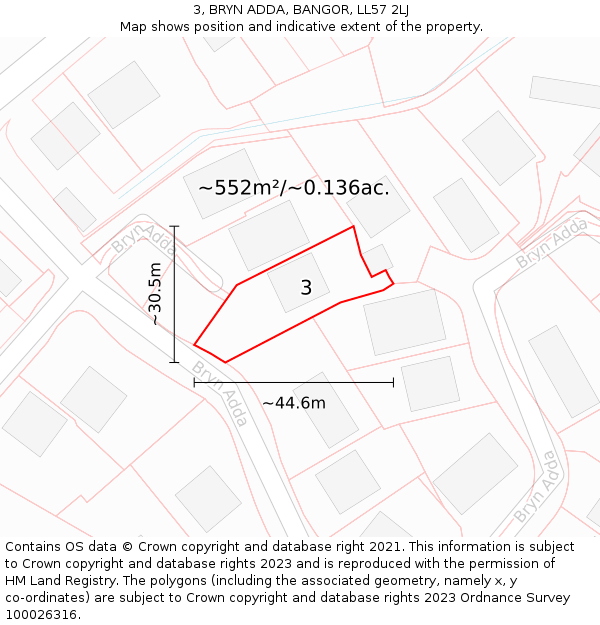 3, BRYN ADDA, BANGOR, LL57 2LJ: Plot and title map