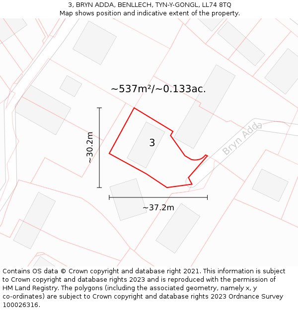 3, BRYN ADDA, BENLLECH, TYN-Y-GONGL, LL74 8TQ: Plot and title map