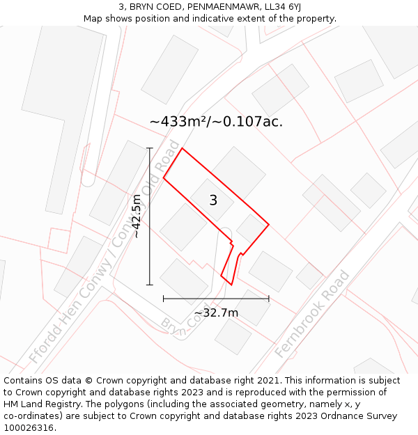 3, BRYN COED, PENMAENMAWR, LL34 6YJ: Plot and title map