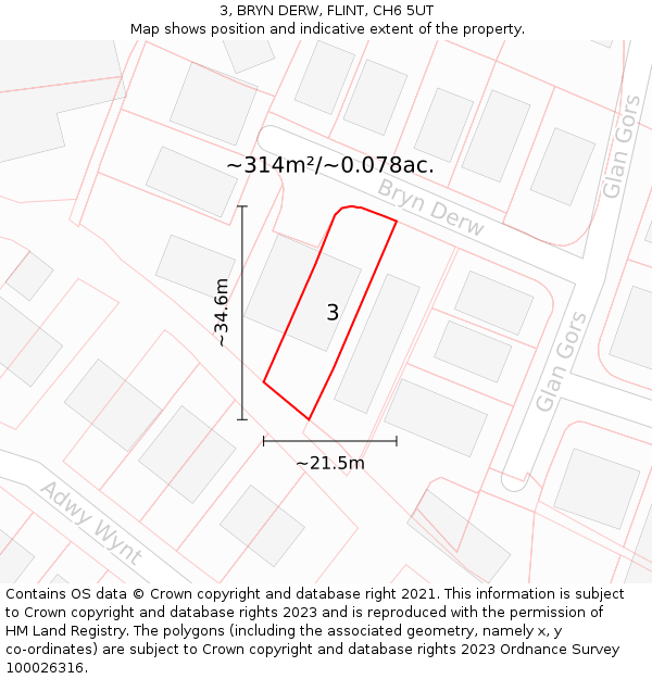 3, BRYN DERW, FLINT, CH6 5UT: Plot and title map