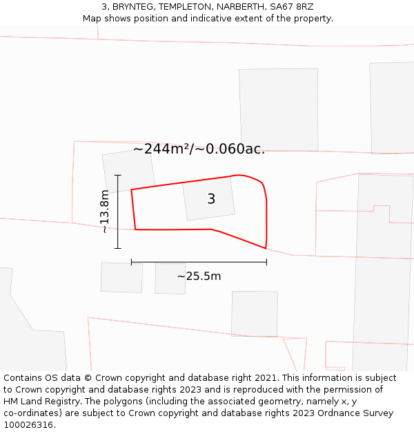 3, BRYNTEG, TEMPLETON, NARBERTH, SA67 8RZ: Plot and title map