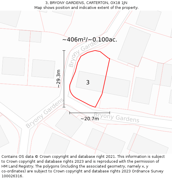 3, BRYONY GARDENS, CARTERTON, OX18 1JN: Plot and title map