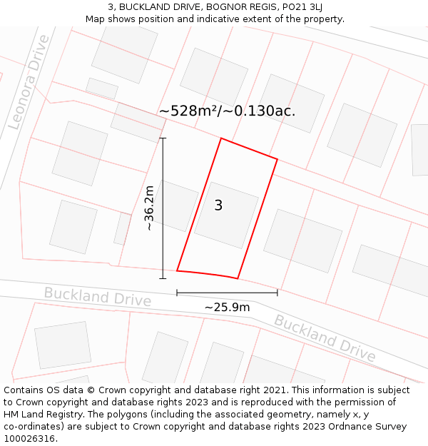 3, BUCKLAND DRIVE, BOGNOR REGIS, PO21 3LJ: Plot and title map