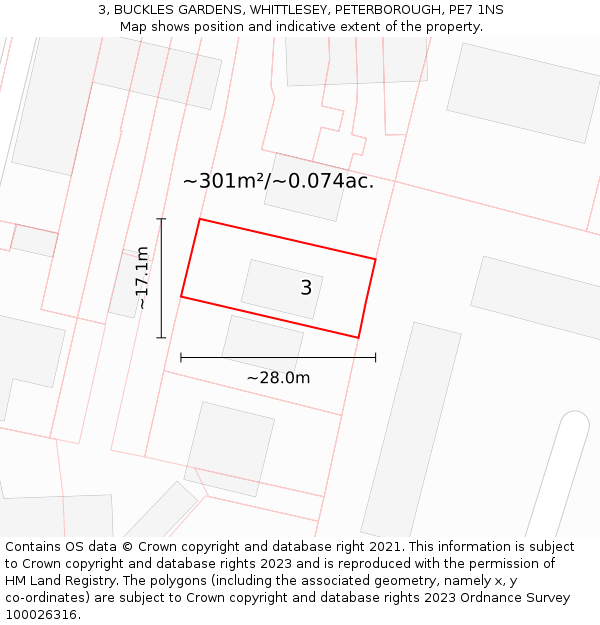 3, BUCKLES GARDENS, WHITTLESEY, PETERBOROUGH, PE7 1NS: Plot and title map