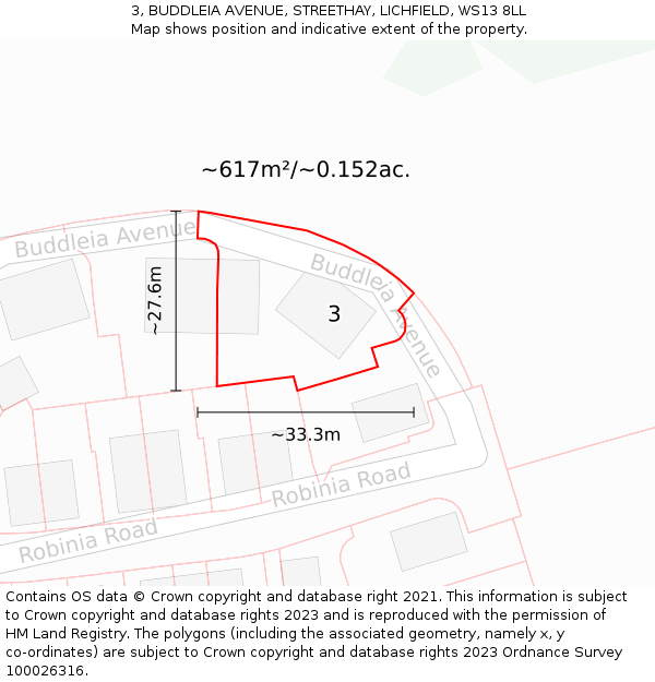 3, BUDDLEIA AVENUE, STREETHAY, LICHFIELD, WS13 8LL: Plot and title map