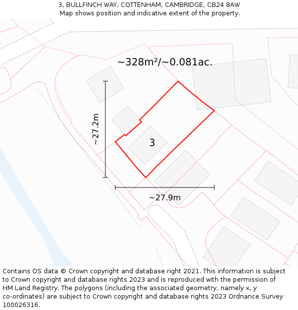 3, BULLFINCH WAY, COTTENHAM, CAMBRIDGE, CB24 8AW: Plot and title map