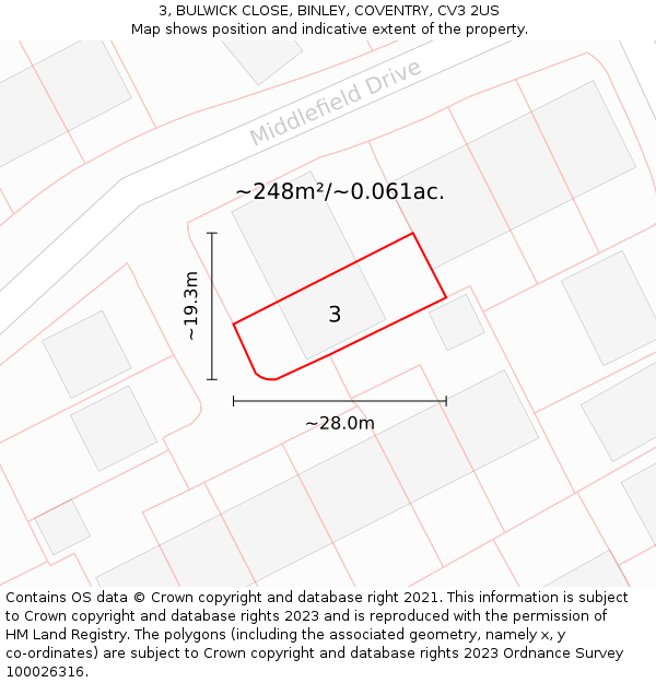 3, BULWICK CLOSE, BINLEY, COVENTRY, CV3 2US: Plot and title map