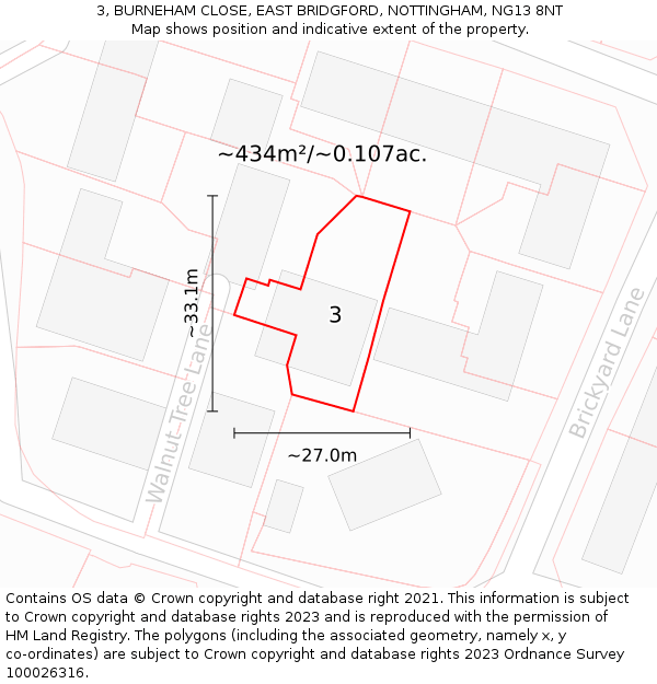 3, BURNEHAM CLOSE, EAST BRIDGFORD, NOTTINGHAM, NG13 8NT: Plot and title map