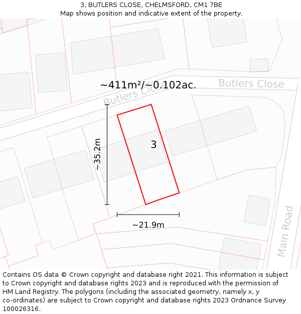 3, BUTLERS CLOSE, CHELMSFORD, CM1 7BE: Plot and title map