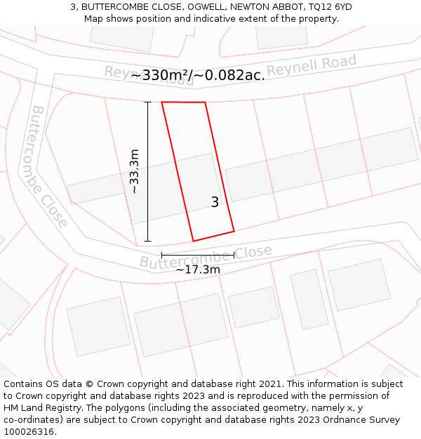 3, BUTTERCOMBE CLOSE, OGWELL, NEWTON ABBOT, TQ12 6YD: Plot and title map