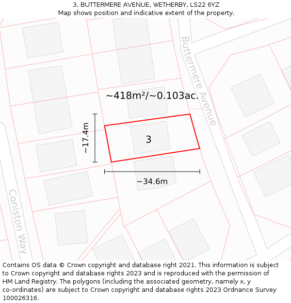 3, BUTTERMERE AVENUE, WETHERBY, LS22 6YZ: Plot and title map