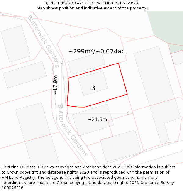 3, BUTTERWICK GARDENS, WETHERBY, LS22 6GX: Plot and title map