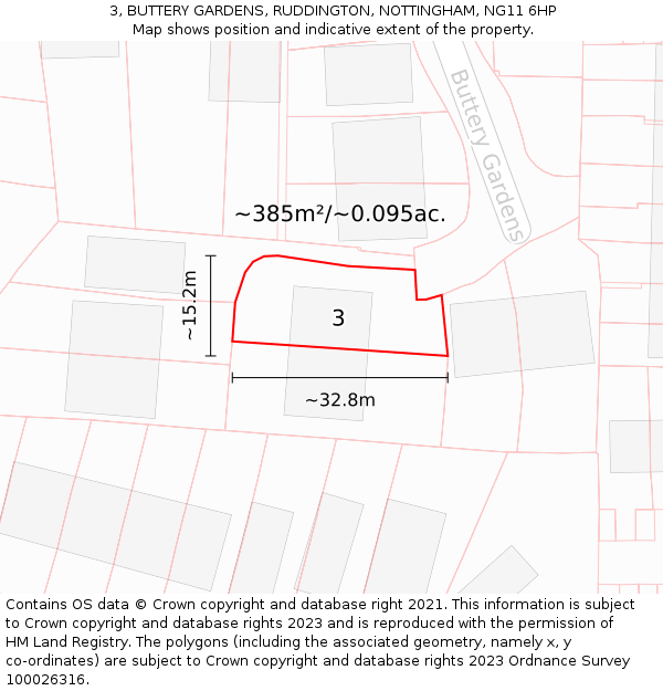 3, BUTTERY GARDENS, RUDDINGTON, NOTTINGHAM, NG11 6HP: Plot and title map