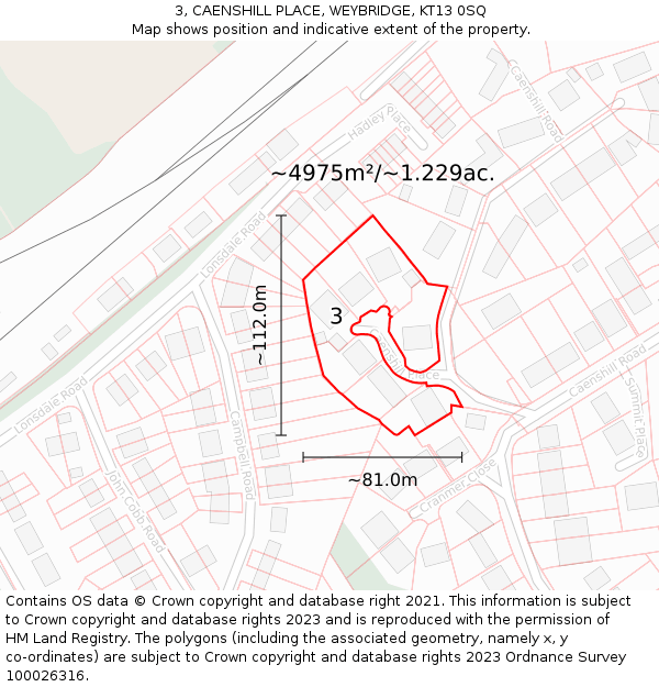 3, CAENSHILL PLACE, WEYBRIDGE, KT13 0SQ: Plot and title map