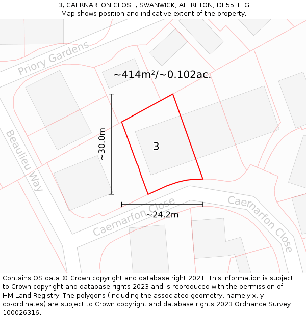 3, CAERNARFON CLOSE, SWANWICK, ALFRETON, DE55 1EG: Plot and title map