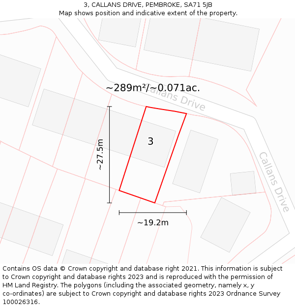 3, CALLANS DRIVE, PEMBROKE, SA71 5JB: Plot and title map