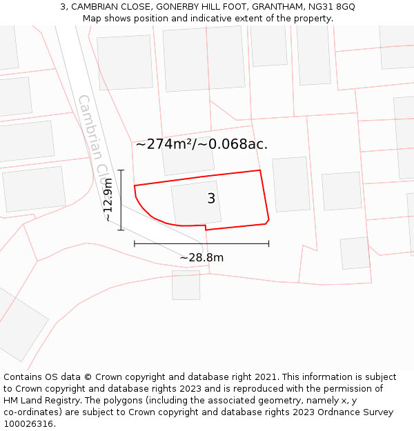 3, CAMBRIAN CLOSE, GONERBY HILL FOOT, GRANTHAM, NG31 8GQ: Plot and title map