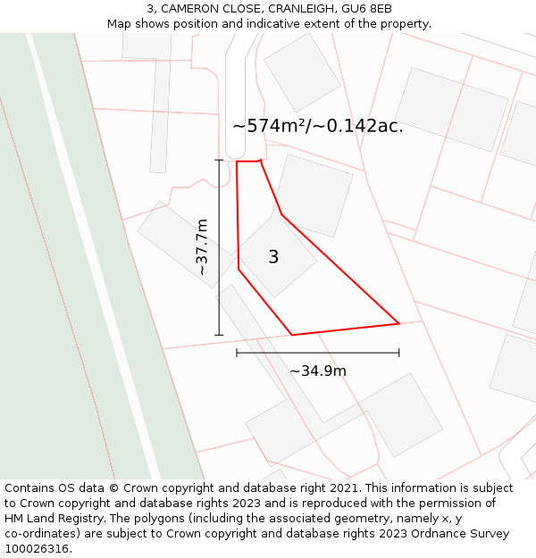 3, CAMERON CLOSE, CRANLEIGH, GU6 8EB: Plot and title map