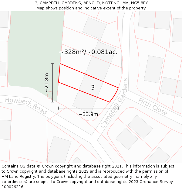 3, CAMPBELL GARDENS, ARNOLD, NOTTINGHAM, NG5 8RY: Plot and title map