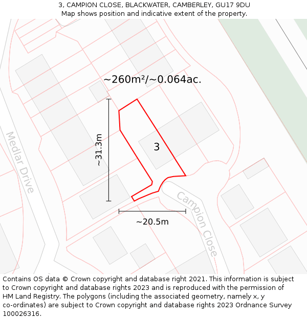 3, CAMPION CLOSE, BLACKWATER, CAMBERLEY, GU17 9DU: Plot and title map