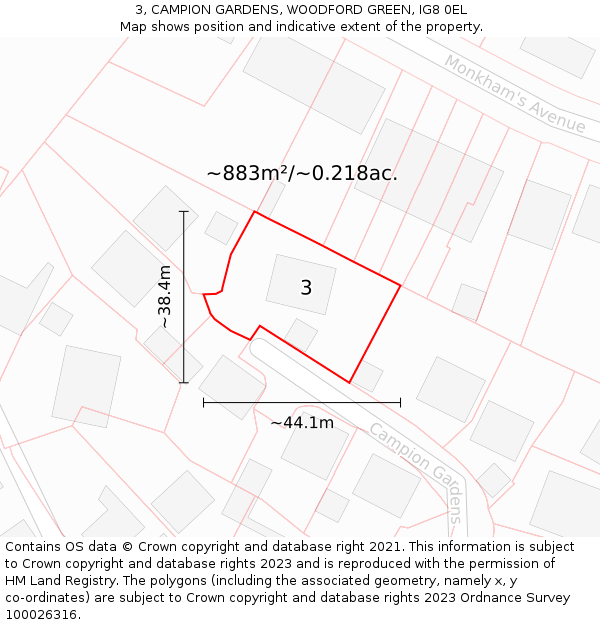 3, CAMPION GARDENS, WOODFORD GREEN, IG8 0EL: Plot and title map