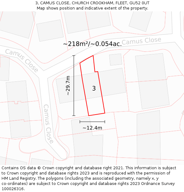 3, CAMUS CLOSE, CHURCH CROOKHAM, FLEET, GU52 0UT: Plot and title map